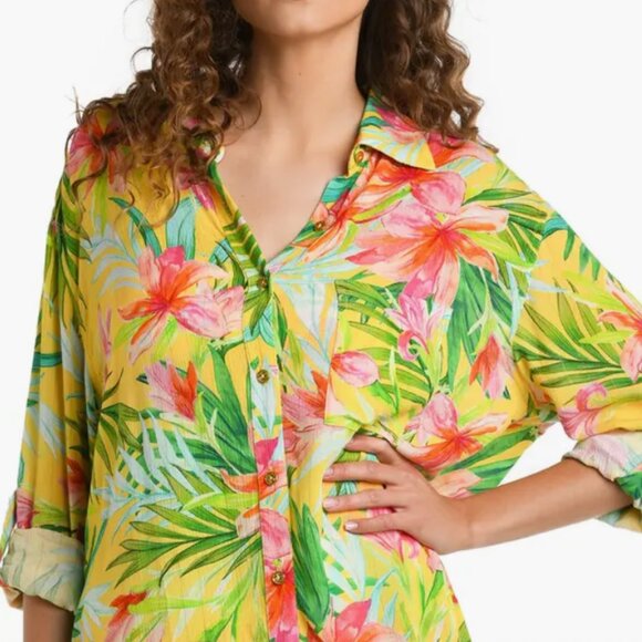 La Blanca Tropical Calypso Button-Up Cover-Up Shirt Yellow Floral Size M - Picture 4 of 6